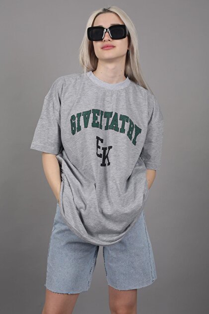 Madmext Kadın Gri Baskılı Oversize T-shirt Mg1318 - Fiyatı, Yorumları