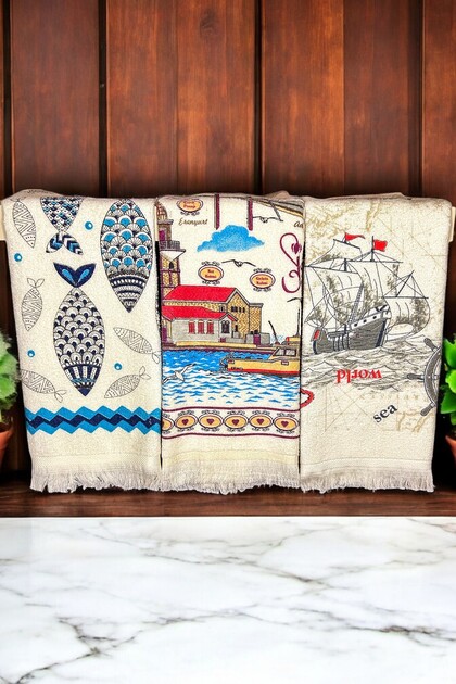 3-Piece Kitchen Towel Set with Fringe and Printed Design