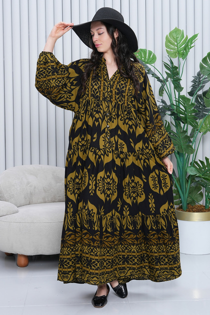 Women's Khaki Black Colored Ethnic Print Ankles Elastic Balloon Sleeve Long Dress