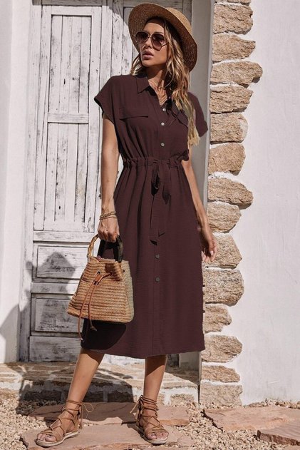 Burgundy Shirt Collar Long Dress MG1743