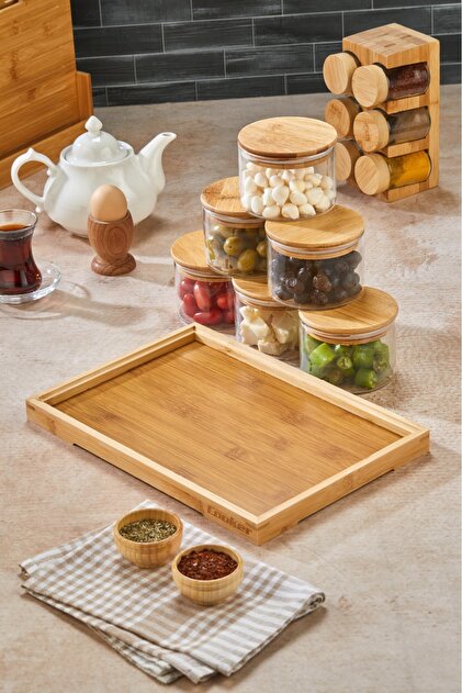 Cooker Borosilikat Camlı 6'lı Yuvarlak Bambu Kapaklı, Tepsili