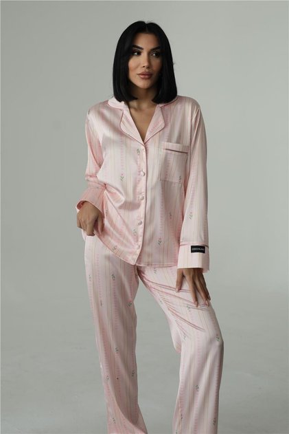 Petali Rosa e Righe Dorate Saten Uzun Pijama Takımı (Geniş Beden Aralığı)