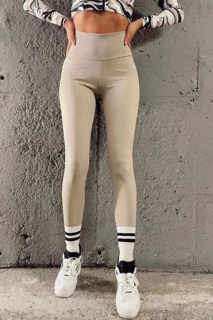 Women's Beige Corded Striped Leggings High Waist Durable Knitted Fabric Sports Leggings Gathering