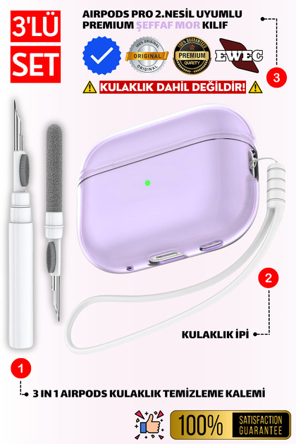 Pro 2.Nesil Uyumlu Şeffaf Mor Kulaklık Kılıfı, Kulaklık İpi ve 3'ü 1 Arada Temizleme Kalemi Seti