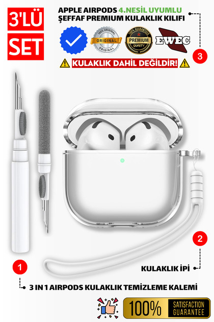 AirPods 4. Nesil ve 5. Nesil Uyumlu Şeffaf Premium Kulaklık Kılıfı, Silikon Kulaklık İpi Ve 3'ü 1 Arada Kulaklık Temizleme Kalemi Seti