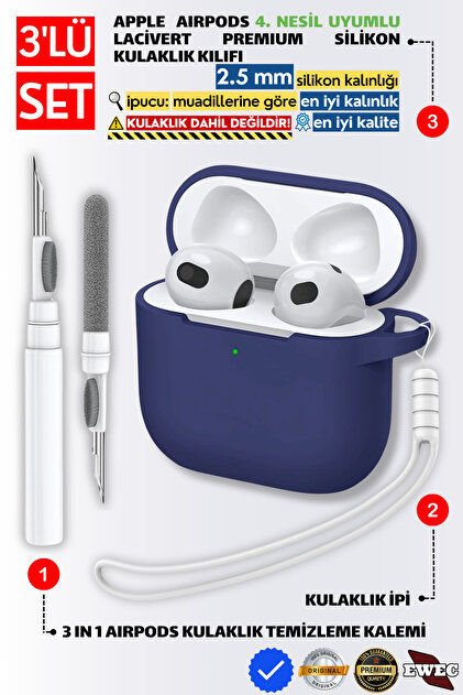 AirPods 4 ve AirPods 5 Uyumlu Lacivert Silikon Kulaklık Kılıfı, Kulaklık Ipi Ve 3'ü 1 Arada Temizleme Kalemi Seti
