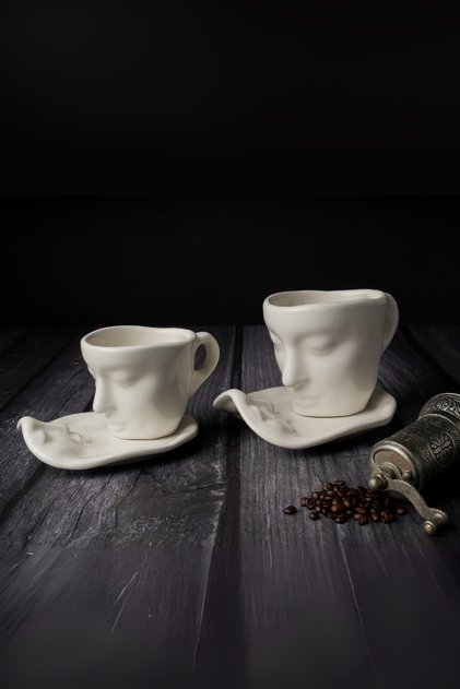 2 Pieces 110 ml Face Shaped Ceramic White Turkish Coffee Cup Set Mit1080