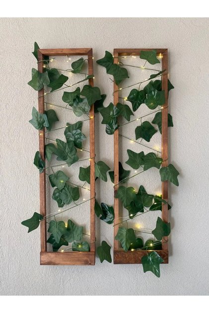 2'li Ahşap Peri Ledli Sarmaşıklı Duvar Çıtası Kış Bahçesi Balkon Duvar Dekor Bohem Retro