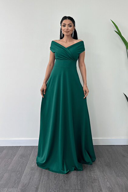 giyimmasal Boat Neck Kilo Dress - Emerald Green- Trendyol
