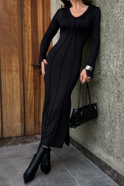 Women's Black Reverse Stitching Dress 1007-4773