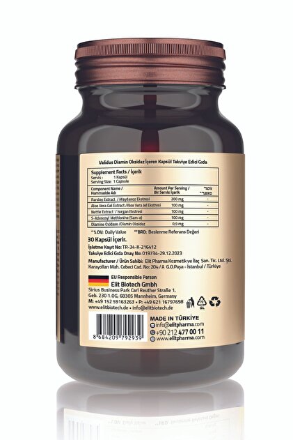 Validus Diamine Oxidase 0.9 Mg + Parsley 200 Mg + Aloe Vera Gel 100 Mg +  Nettle 100 Mg 30 Capsules- Trendyol