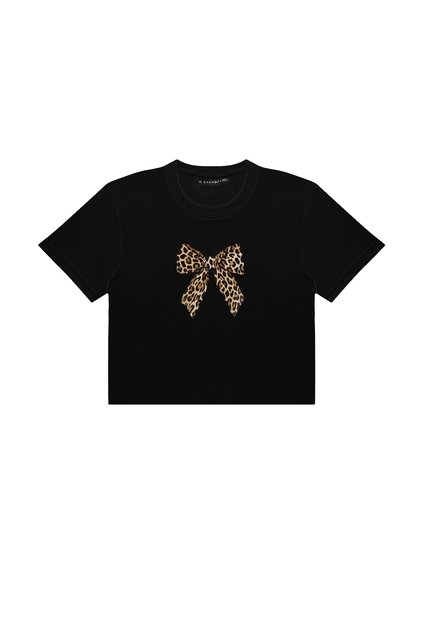 Crop negru cu fundă cu imprimeu leopard