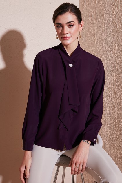 Standard Fit Rhinestone Button Scarf Collar Long Sleeve Shirt Shirt 611Go00333