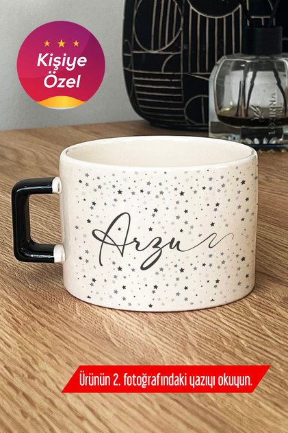 Kişiye Özel Yıldız Desenli İsimli Lüks Fincan Siyah Doğum Günü Hediyesi L2F B9M
