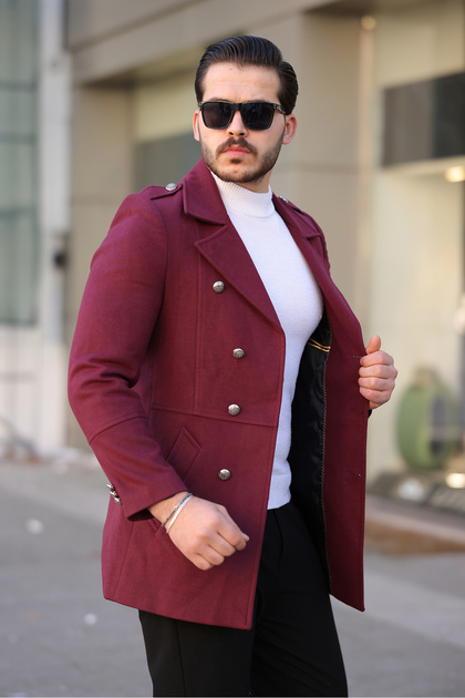 Men's New Season Button Detailed Slim Fit Double Breasted Lapel Burgundy Cashew Coat