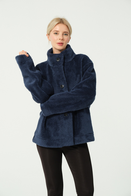 Women's Buttoned Coat - Indigo, Thick, Warm