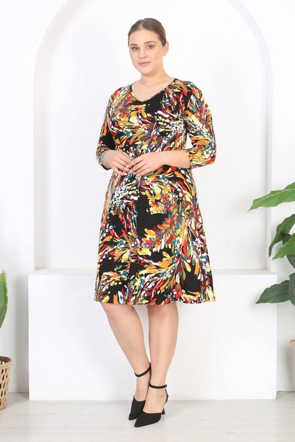 Rochie elastică de damă, multicoloră, cu model abstract, cu decolteu în V, mânecă trei sferturi
