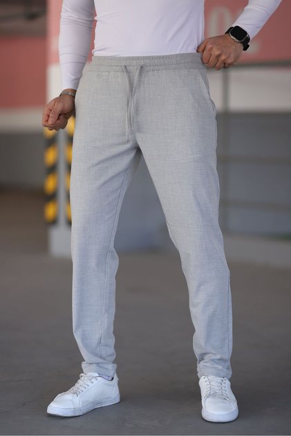 Men's Gray Color Elastic Waist Lace up Stretchy Fitted Jogger Pants Fabric Trousers