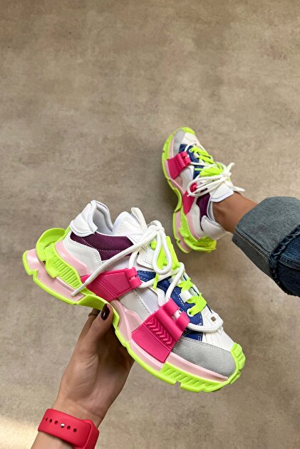 NİŞANTAŞI SHOES Oslo Neon Yeşil Fuşya Mat Bağcık Detaylı Kalın