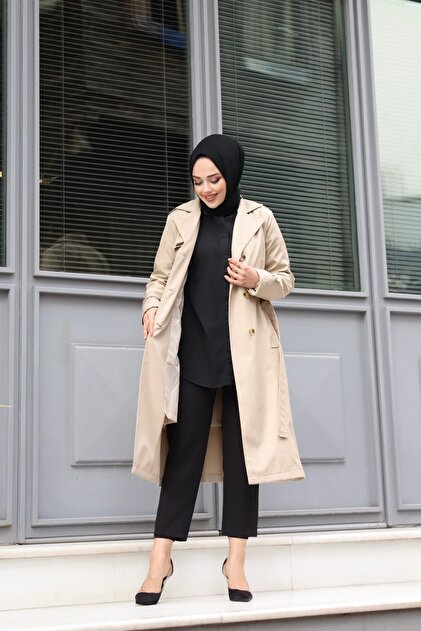 PİNK FLY A Line Women's Hijab Trench Coat Double Breasted Collar