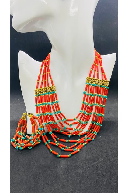 Handmade ethnic glass bead necklace bracelet set with brass apparatus.