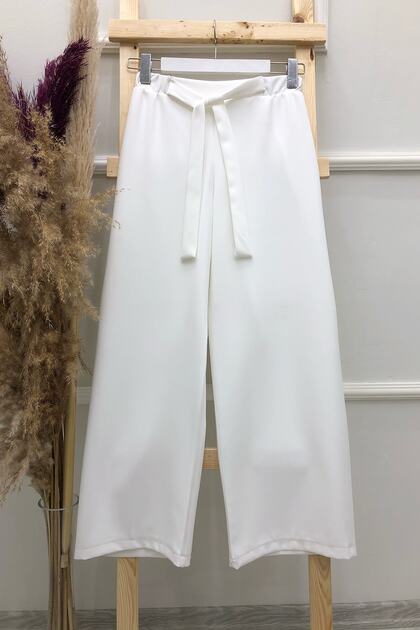 Women's White Belted Wide Leg Trousers