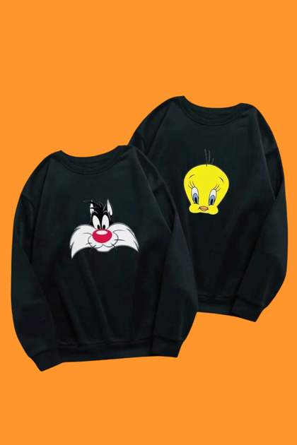 Sylvester Tweety Sevgili Çift Kombin - Siyah Baskılı Oversize Bisiklet Yaka Sweatshirt