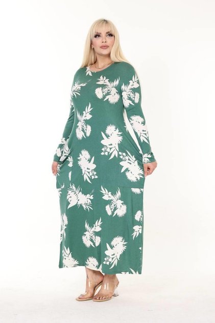 Women's Plus Size Viscose Combed Cotton Green Leaf Patterned Stylish Dress