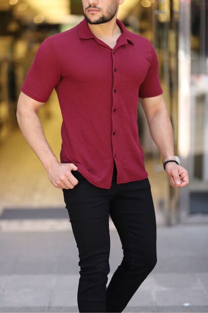 EFAL BUTİK Men's Burgundy Knitted Short Sleeve Shirt- Trendyol