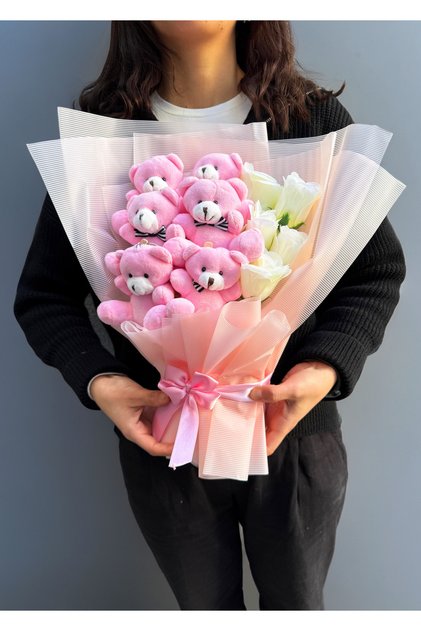 Sevgiliye Hediye Pembe Ayıcıklı Beyaz Güllü Premium Ayıcık Buketi Peluş Buket 14 Şubat