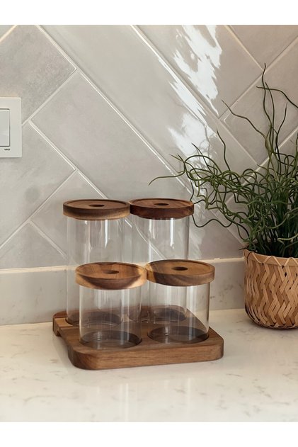 Set of 4 Glass Jars with Acacia Stand