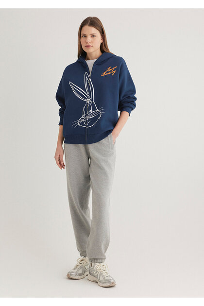 Mavi Bugs Bunny Baskılı Fermuarlı Lacivert Sweatshirt 1s10345