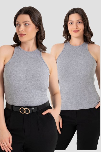 Women's Cotton Ribbed Look Halter Neck Basic Gray Undershirt 2 Pack