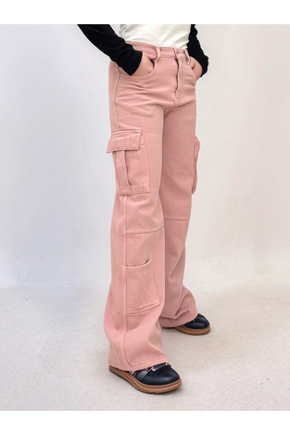 Girls' 100% Cotton Gabardine Pants – Comfortable Wide Leg Cut, Cargo Pockets, and High Waist