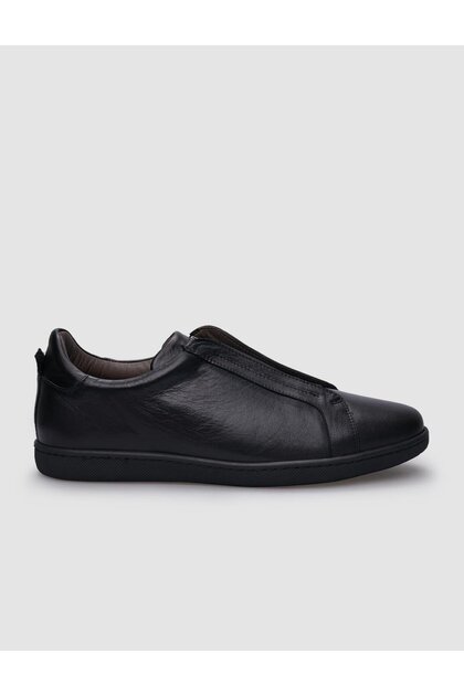100% Genuine Leather Black Elastic Men's Sneakers