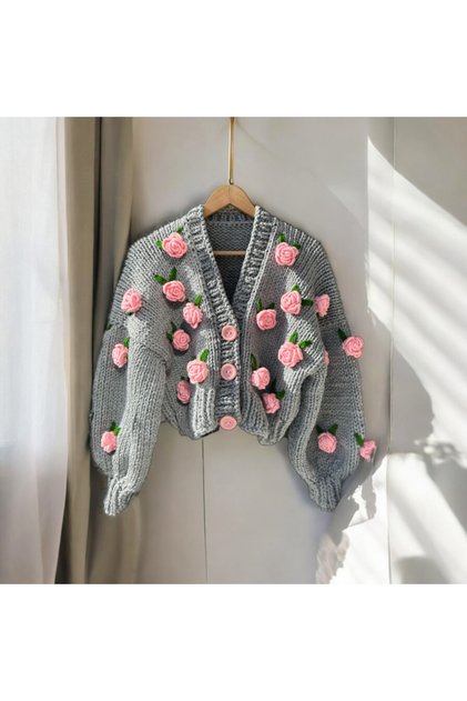 Women's Handmade Knit Cardigan with Rose Detail, Floral Cardigan, Trend Cardigan