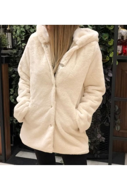★ふわふわ様  9600 Benedetto Parlamayan Kumaş Kırık Beyaz Kadın Peluş Mont Kaban