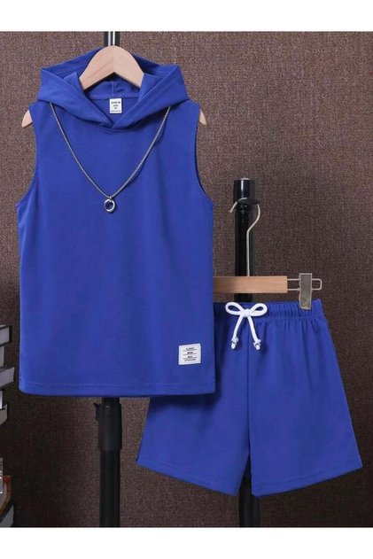 Children's Label Printed Sleeveless Hooded T-Shirt and Shorts Bottom Top Set