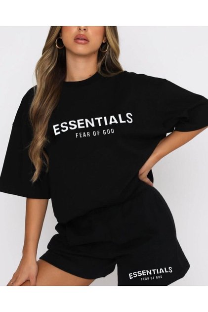 Plus Size Essentials Fear Of God Printed Black Shorts T-shirt Summer Set