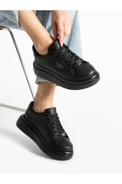 Osim Black Genuine Leather Lace-Up Women's Sneakers