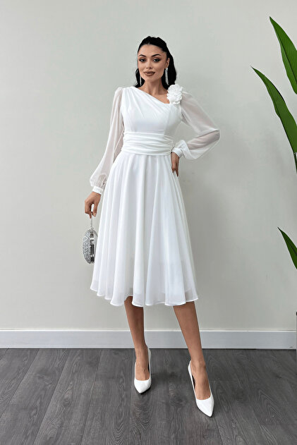 Chiffon Fabric Rose Detail Midi Length Dress - WHITE