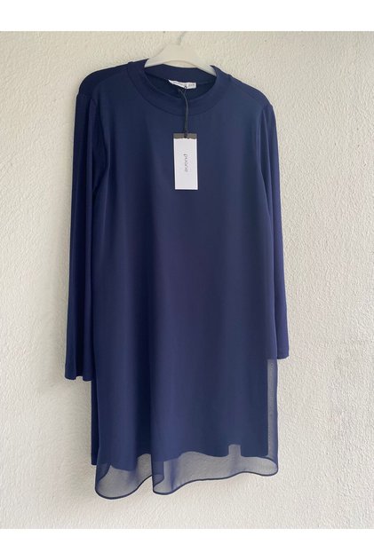 Front Chiffon Detailed Long Sleeve Undergarment Tunic 10269 - Navy Blue