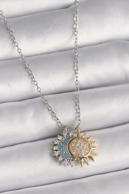 316L Steel Silver Color Chain Zircon Stone Moon Sun Model Women Charm Necklace