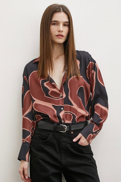 Printed Satin Shirt Brown