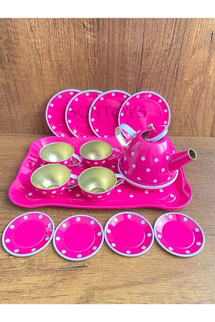 15 Parça Çay Seti Fincan Takımı Metal Evcilik Oyunu Pembe Kutulu Oyuncak Çay Seti Mutfak Seti