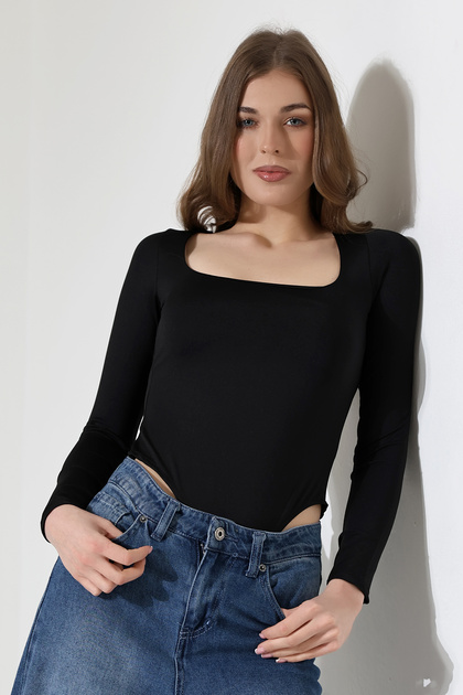 Square Neck Long Sleeve Women's Undershirt with Underpants and Snap Fasteners - T-Shirt 21940 Black