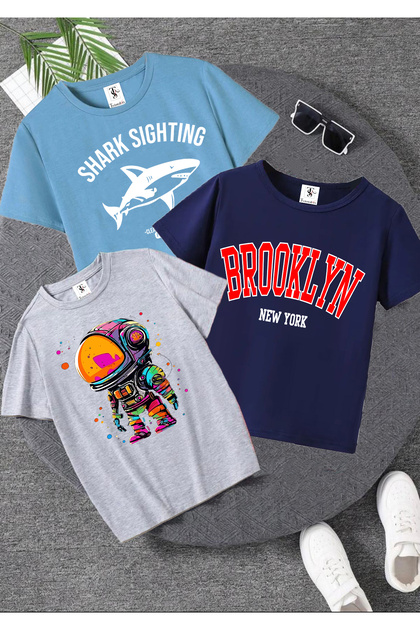 Astronaut Printed 3-Pack Unisex Light Blue-Grey-Navy Blue Children's T-Shirt