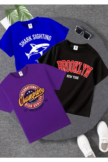 Shark Printed 3 Pack Unisex Cobalt Blue-Black-Purple Kids T-Shirt