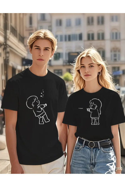 2-Piece Heart-Scattering Women's Printed Couple T-Shirt for Couples