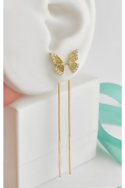 Gümüş 925 Ayar Kelebek Model Zirlon Taşlı Gold Renkli Zincirli Küpe